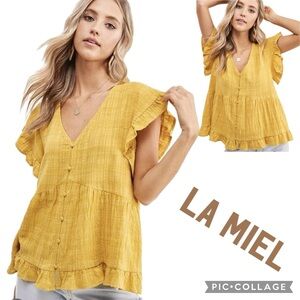 NWT! La Miel Gretchen Flutter Sleeve Button Front Ruffle Babydoll Top Sunflower